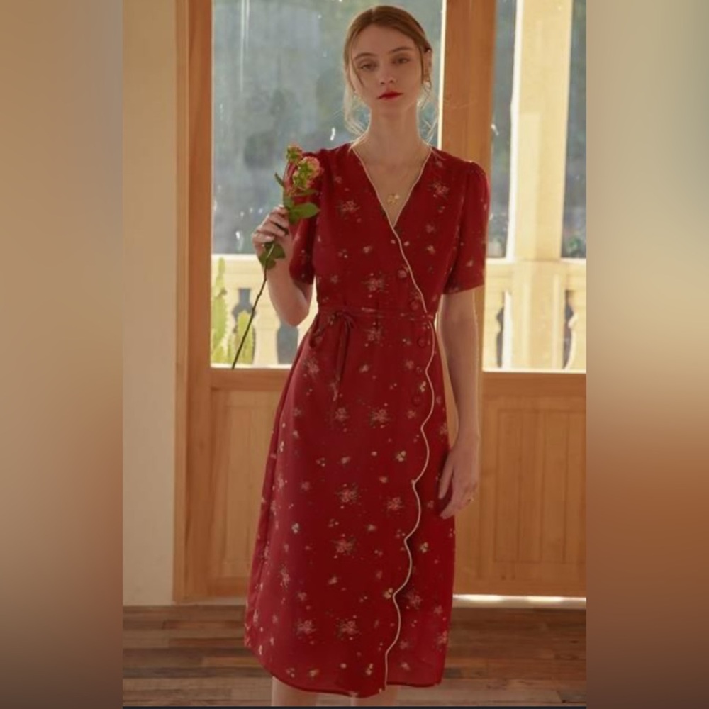 Vintage Style Red Floral Midi Wrap Dress New Cottagecore Simple Retro‎ Femme